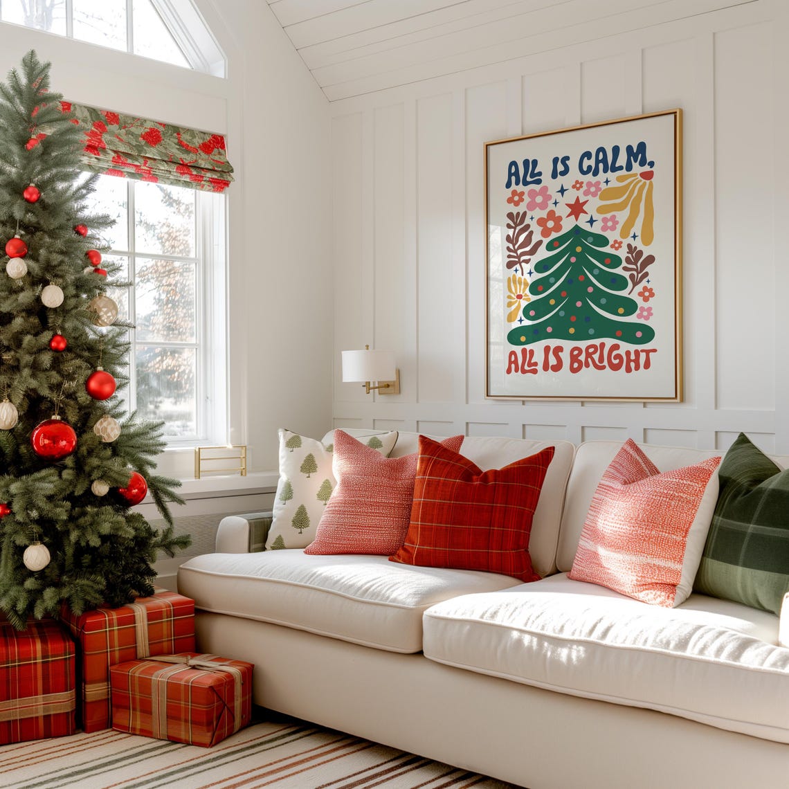 All Is Calm All Is Bright Colorful Retro Christmas Tree Poster - Image 2