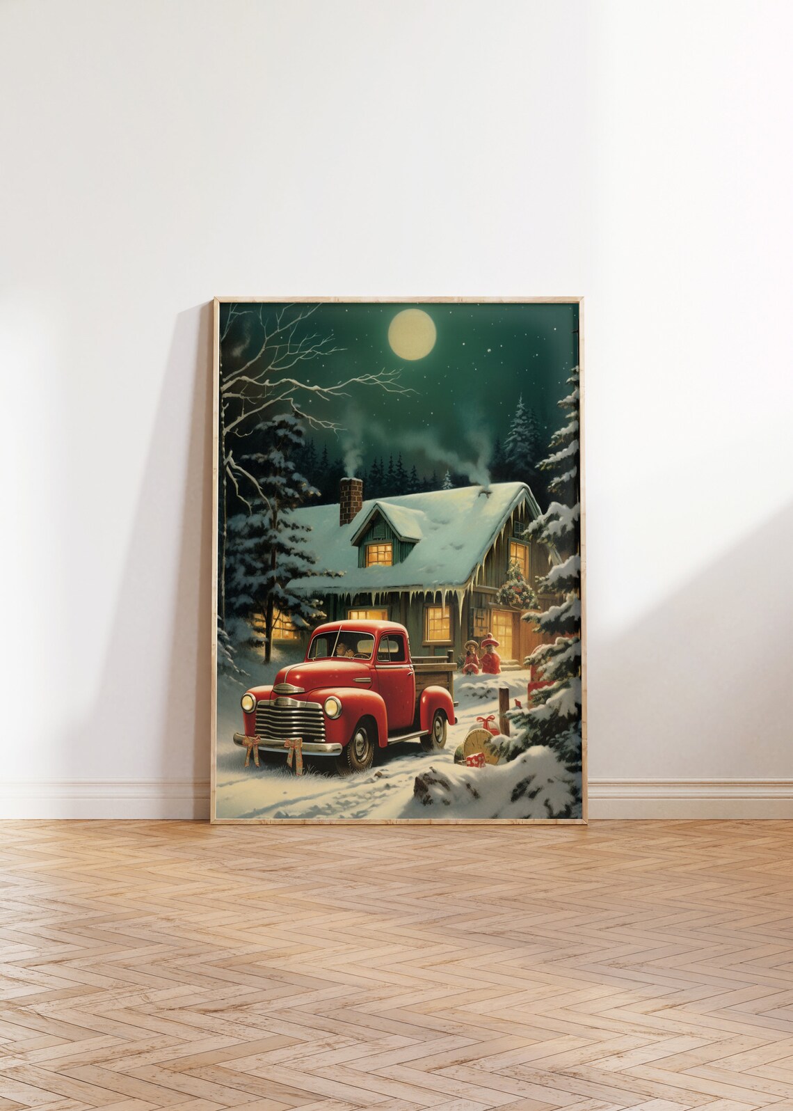 Red Vintage Truck At Snowy Cabin Moonlit Christmas Night Poster - Image 3