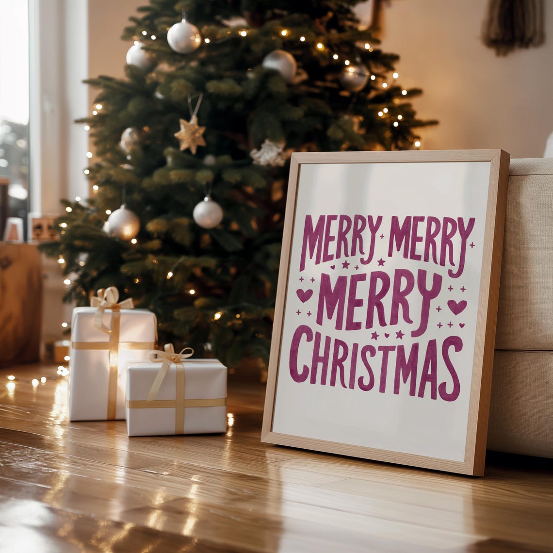 Merry Merry Christmas Maroon Hand Lettered Framed Wall Poster - Image 3
