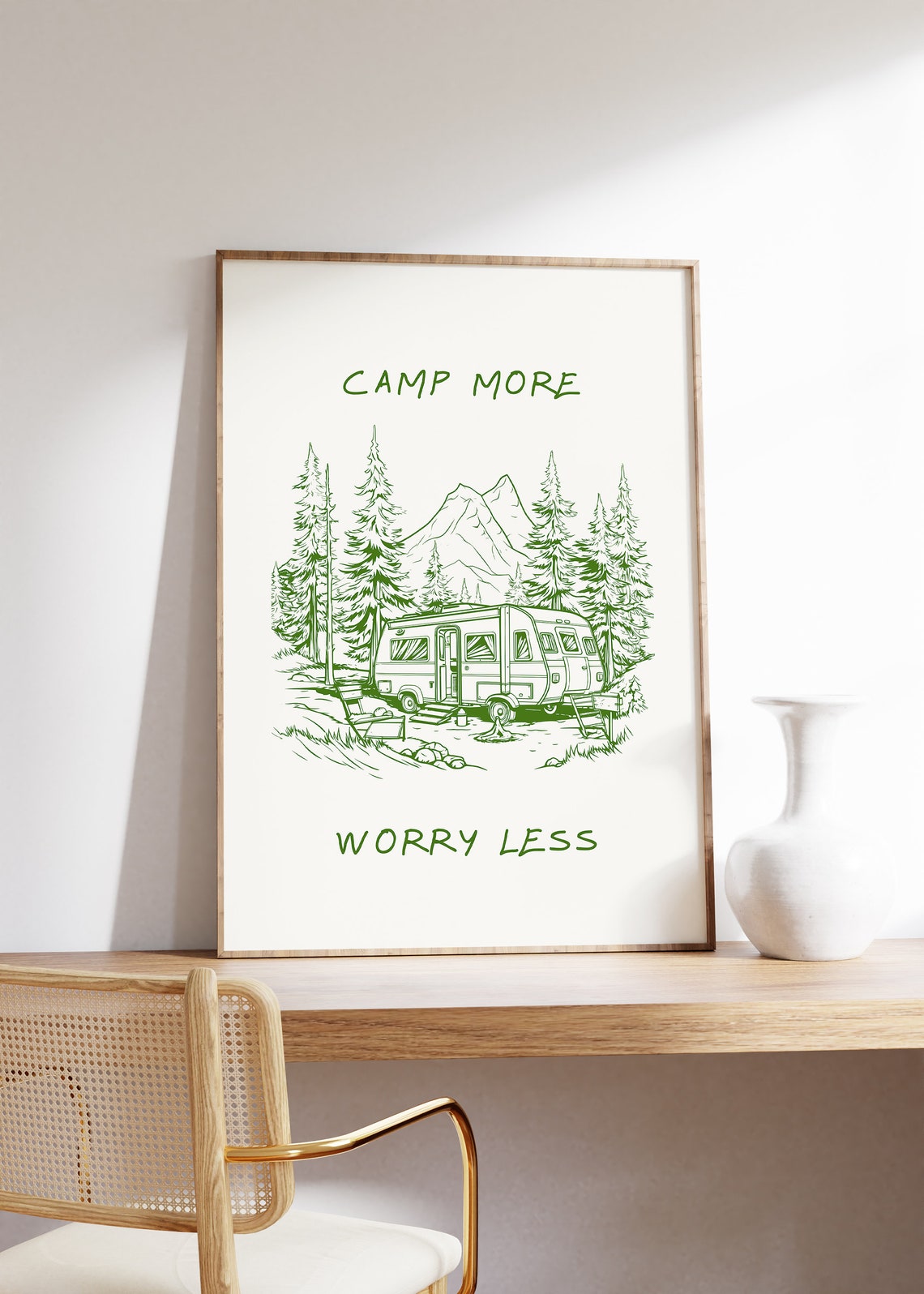 Camp More Worry Less Retro Campervan Mountain Adventure Poster - Image 2