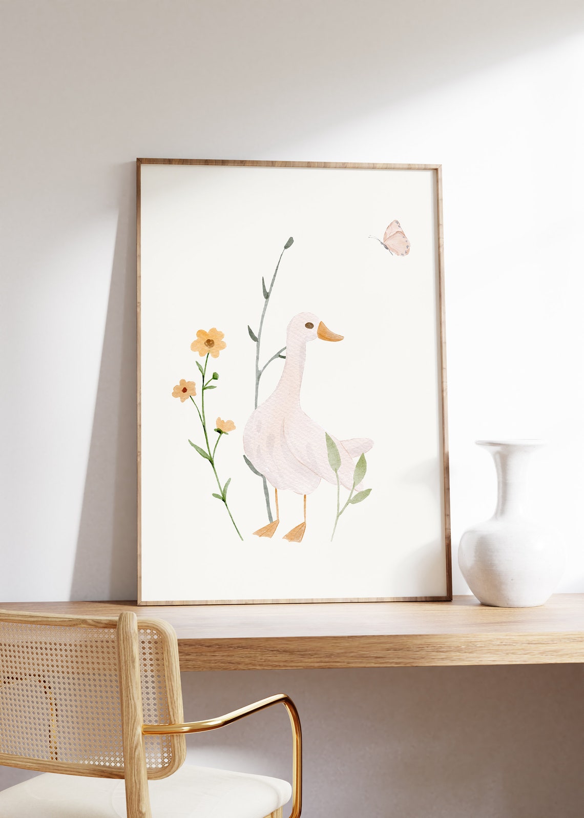 White Duck With Orange Wildflowers Watercolor Nursery Poster - Image 2