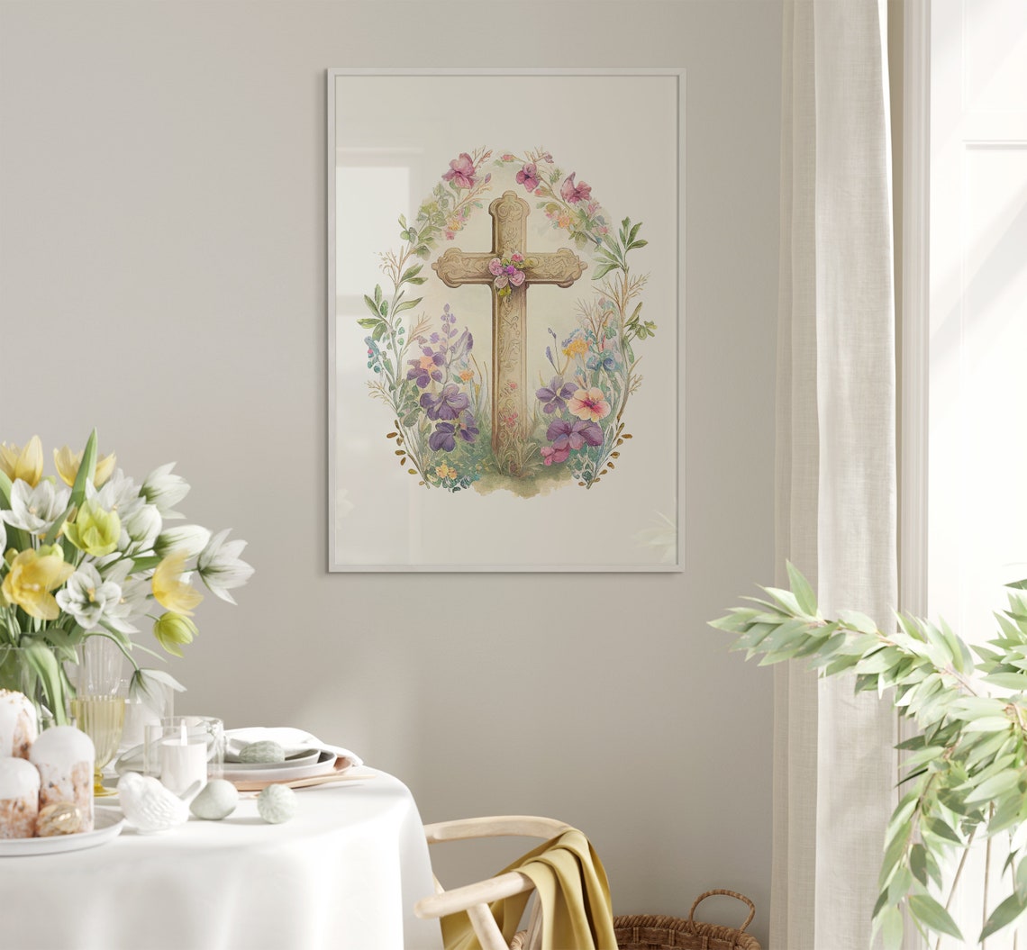 Ornate Cross With Pink Wildflower Arch Watercolor Easter Poster - Image 5