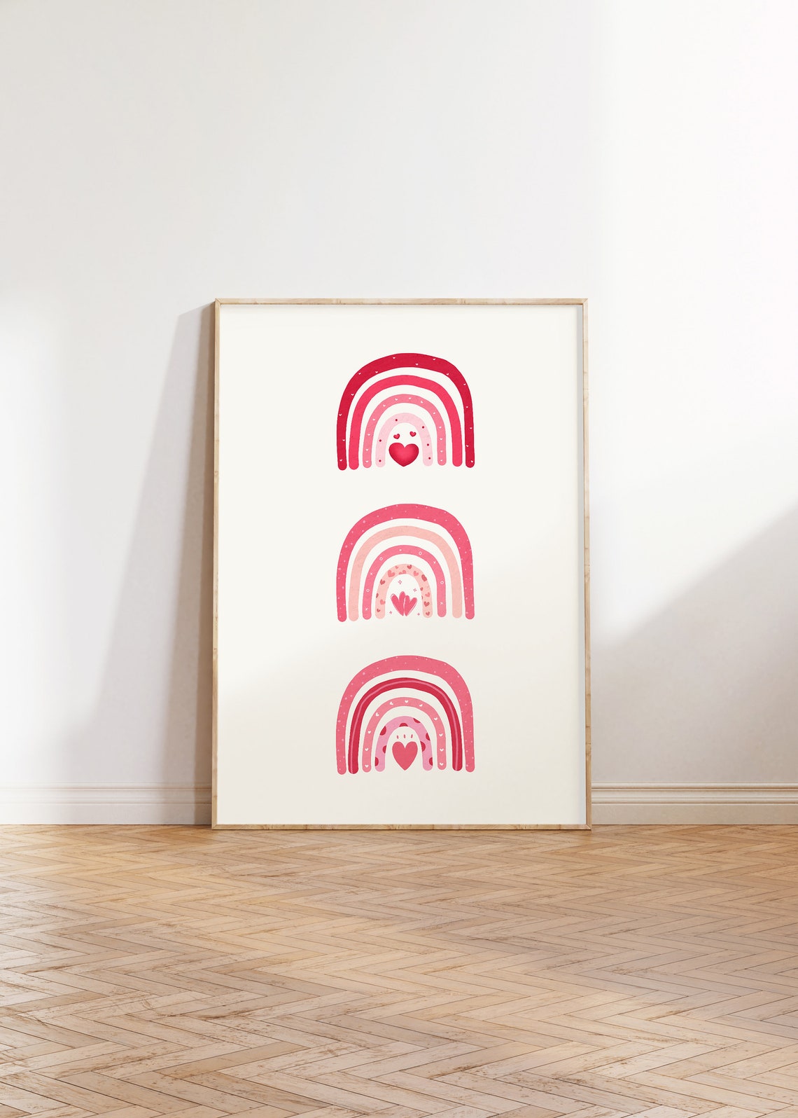 Pink Red Boho Rainbow Hearts Trio Minimalist Valentine Wall Art - Image 3