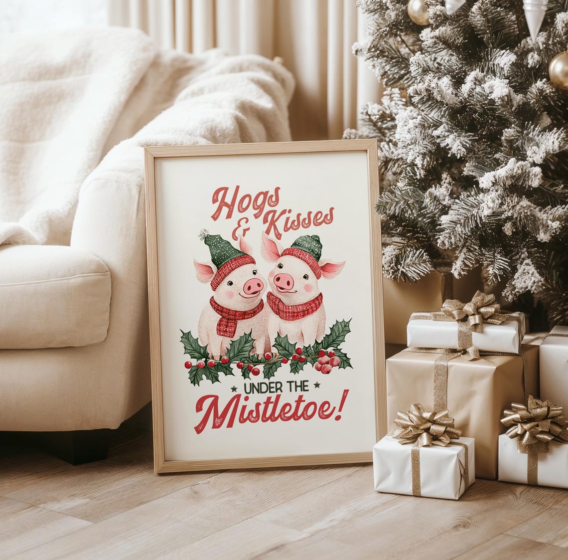 Hogs and Kisses Under the Mistletoe Cute Pigs Christmas Poster - Image 5