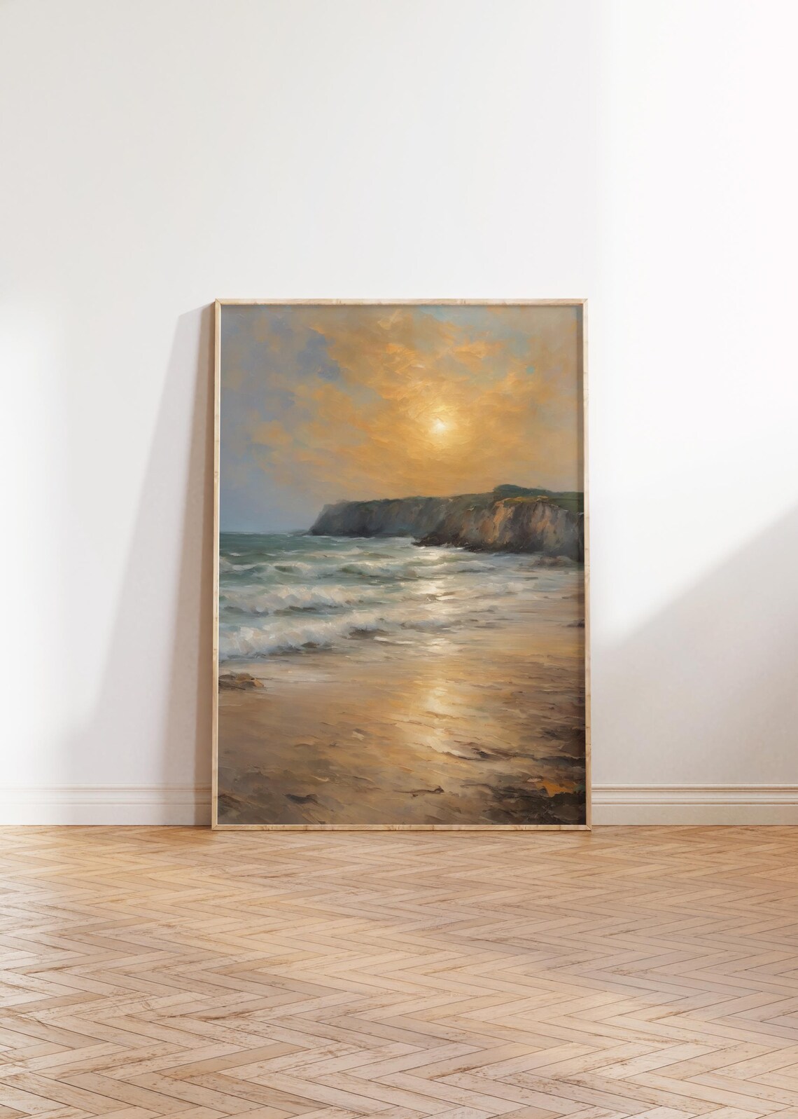 Vintage Golden Coastal Sunset Waves On Rocky Shore Art Poster - Image 2