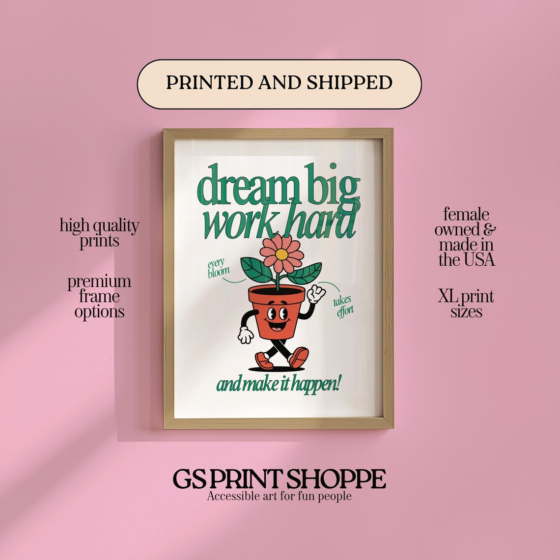 Dream Big Work Hard Motivational Poster Retro Flower Pot Cartoon