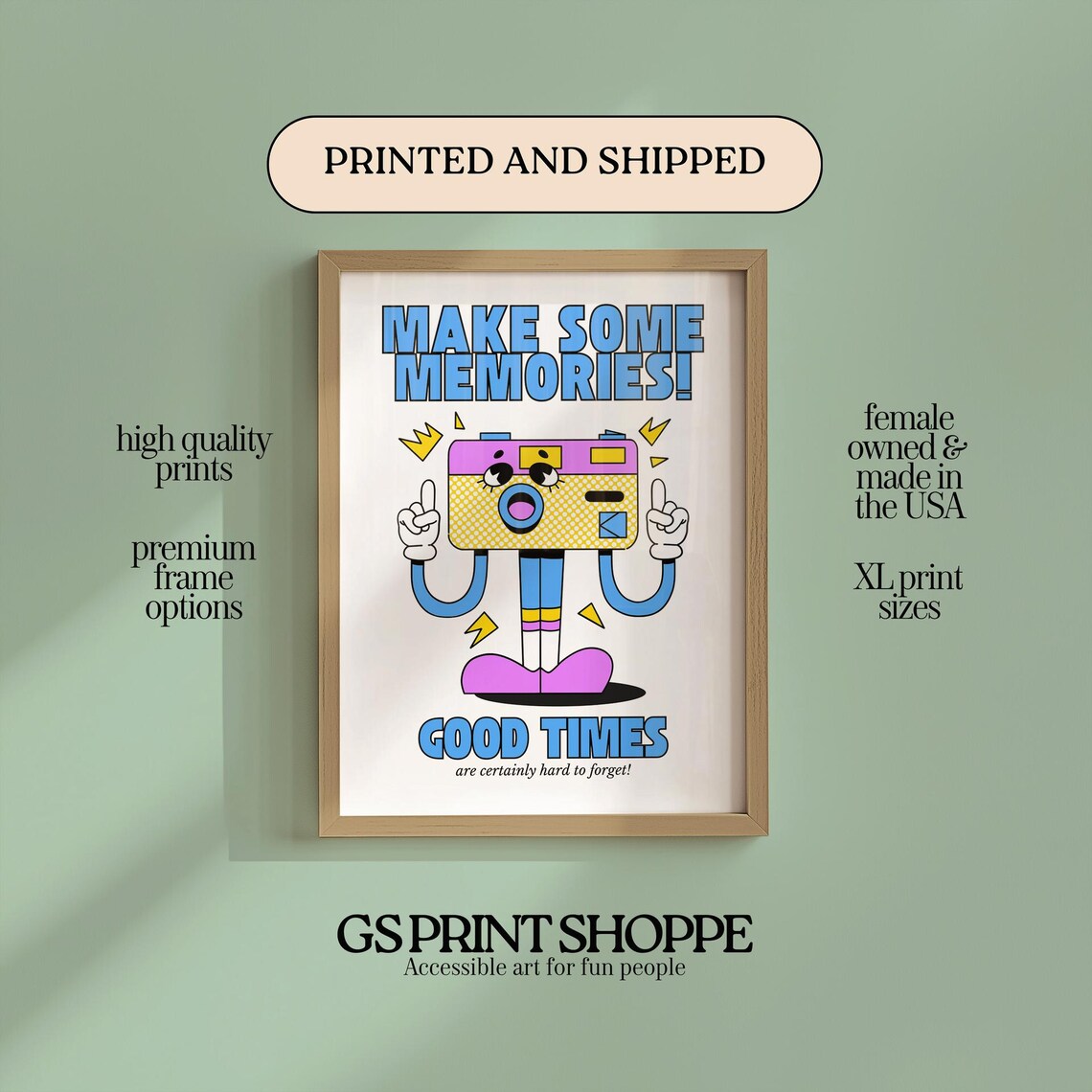Make Some Memories Camera Poster Retro Cartoon Good Times Motivational Art