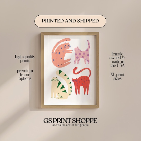 Playful Patterned Cats Vertical Colorful Funny Whimsical Art Poster
