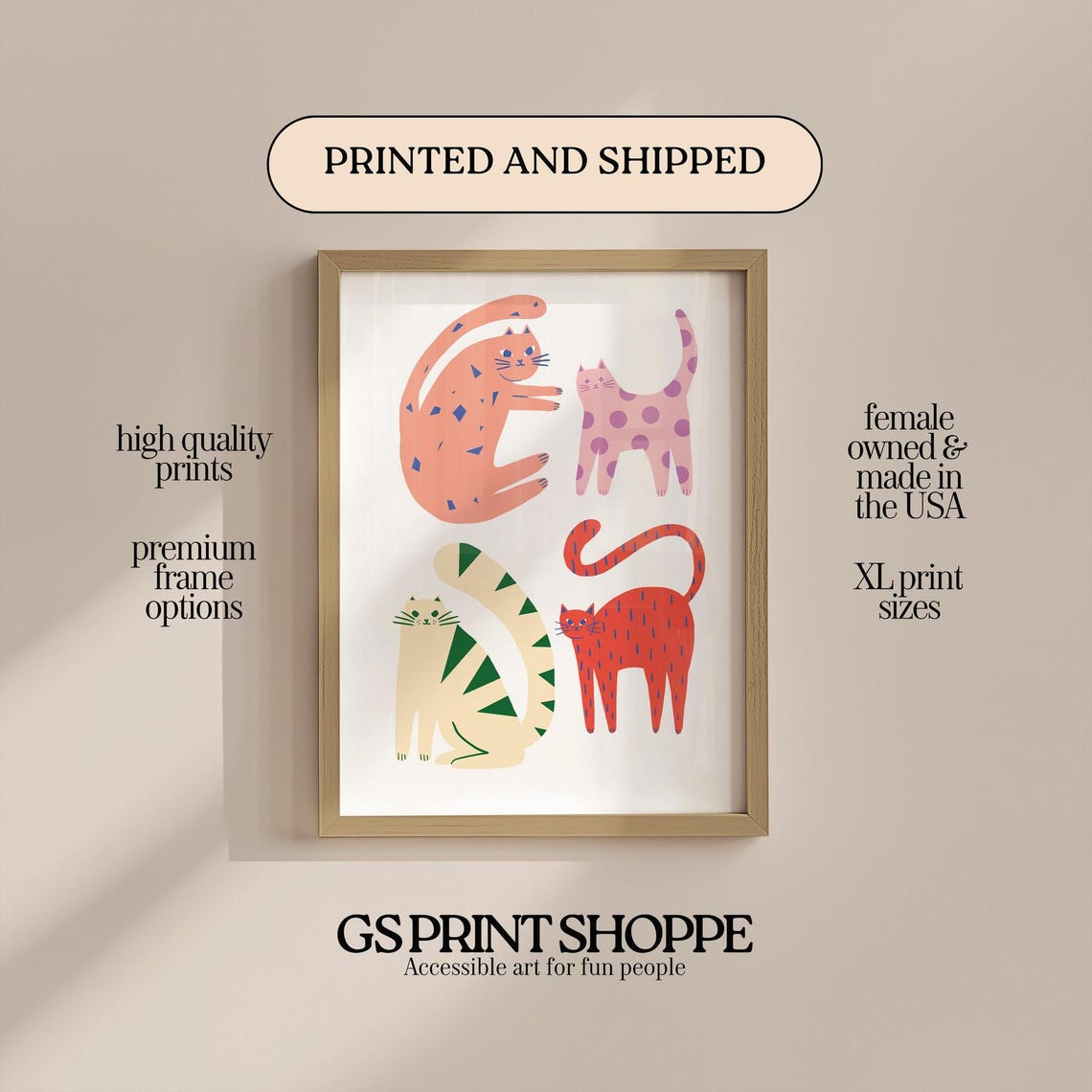 Playful Patterned Cats Vertical Colorful Funny Whimsical Art Poster