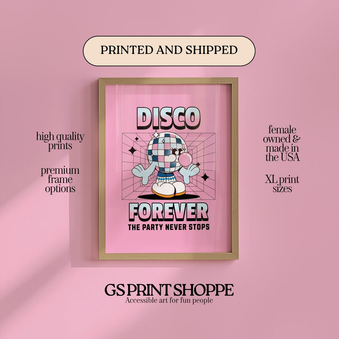 Disco Forever Pink Retro Mirror Ball Party Cartoon Typography Poster