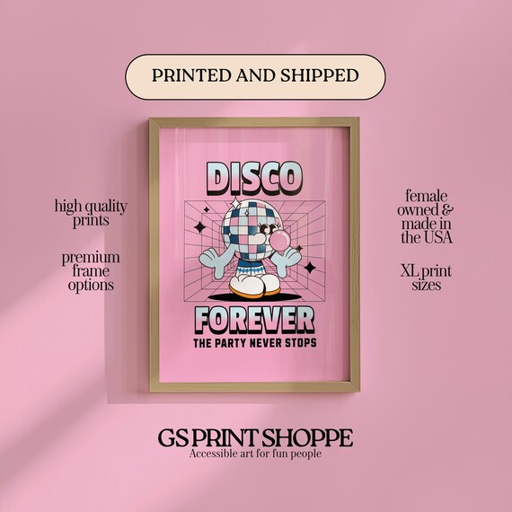 Disco Forever Pink Retro Mirror Ball Party Cartoon Typography Poster