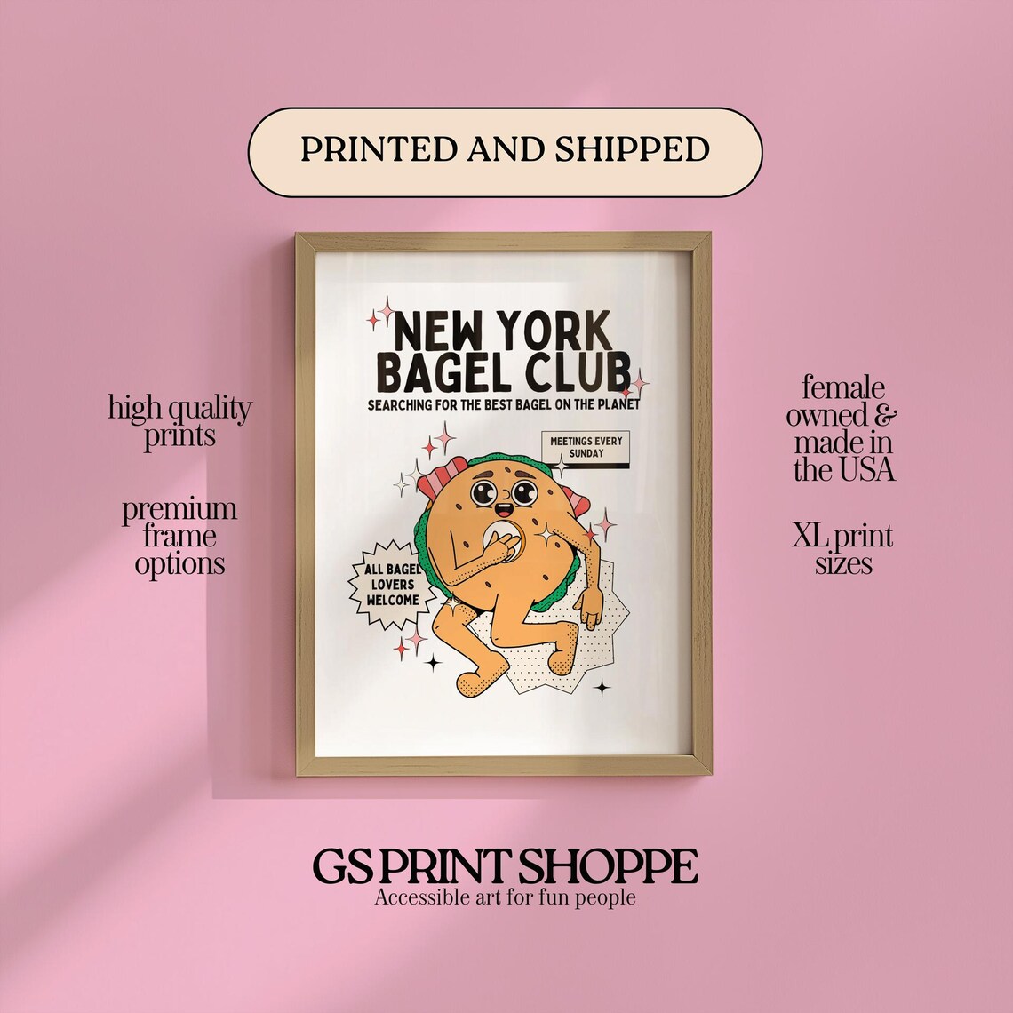 New York Bagel Club Retro Cartoon Bagel Character Fun Poster