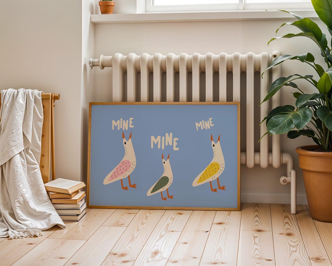 Three Funny Seagulls Mine Mine Mine Blue Cartoon Animal Poster