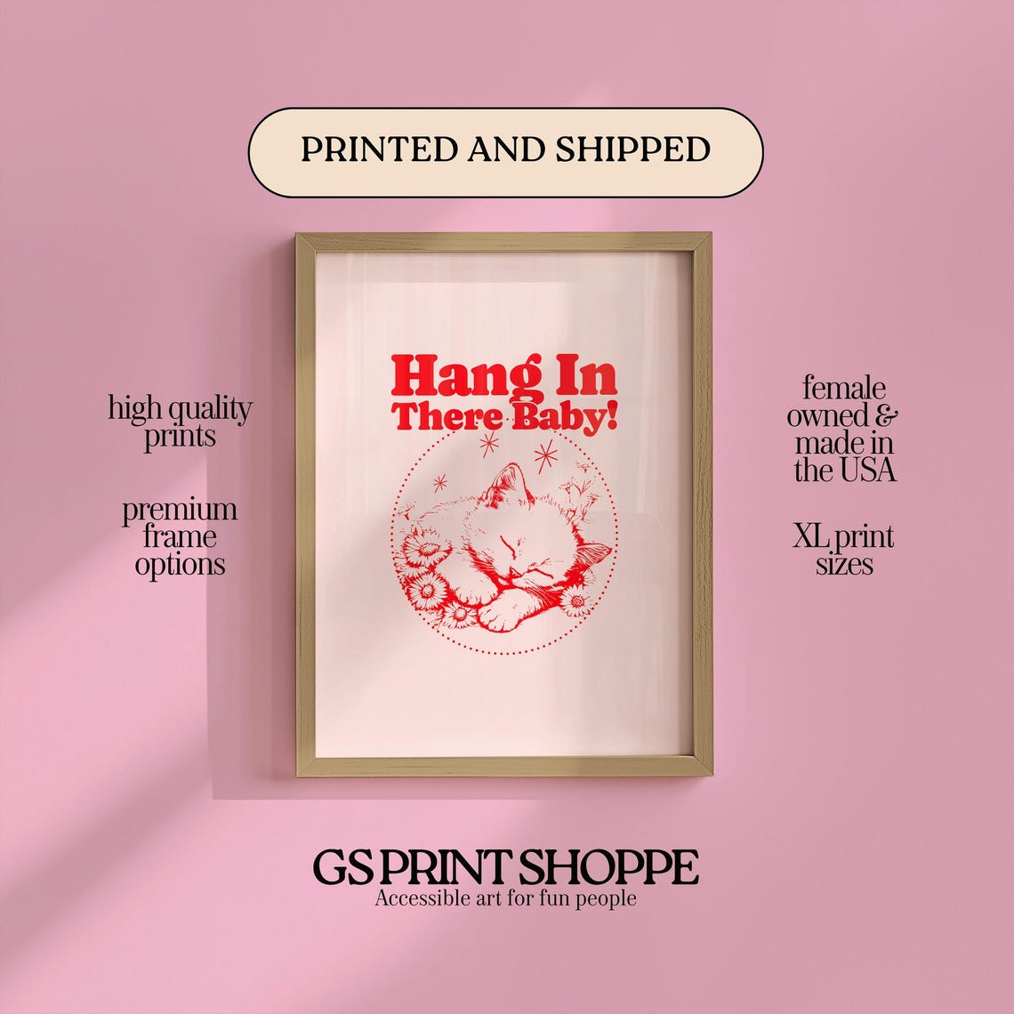 Hang In There Baby Sleeping Kitten Cute Retro Quote Art Print