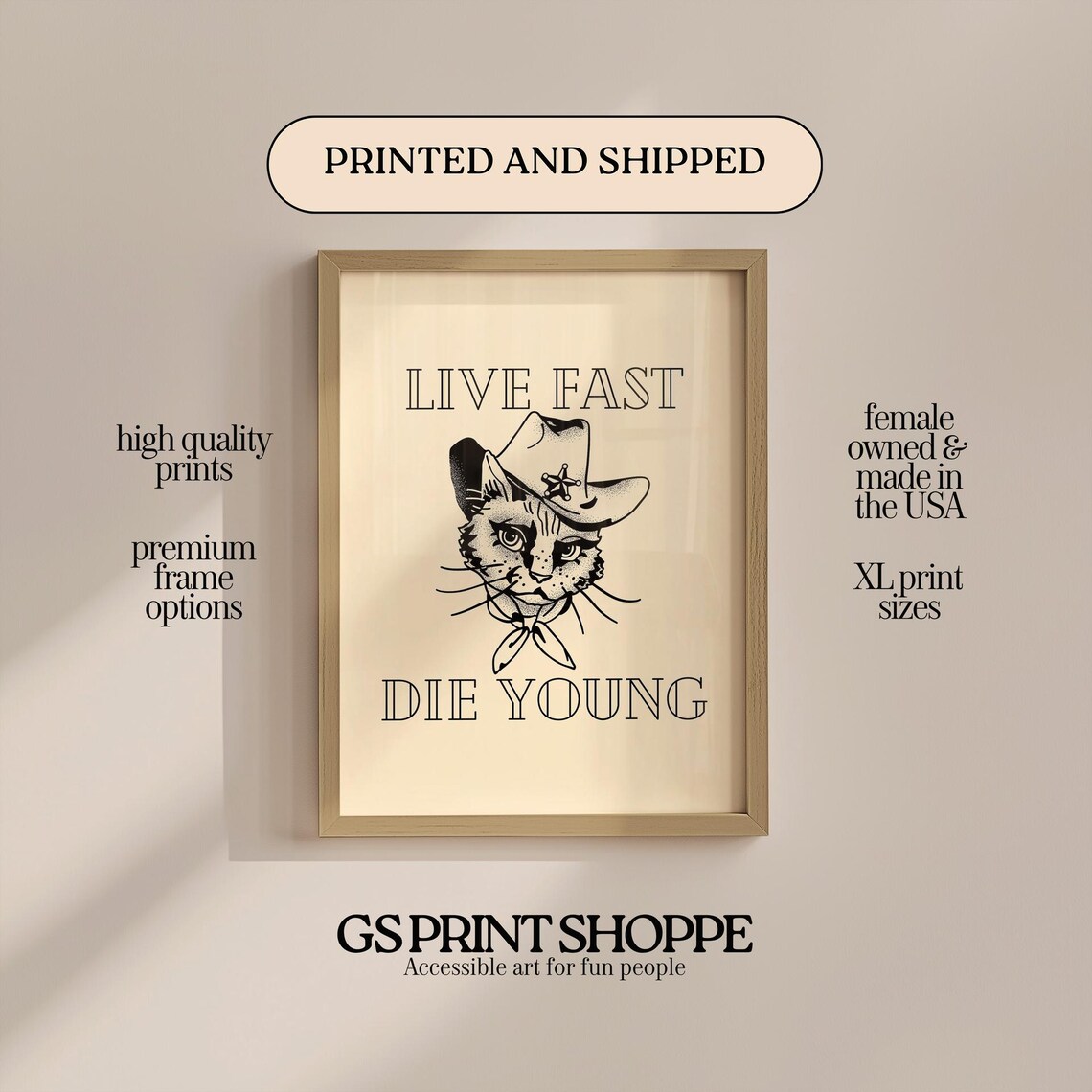 Live Fast Die Young Cowboy Cat Vintage Tattoo Style Art Poster