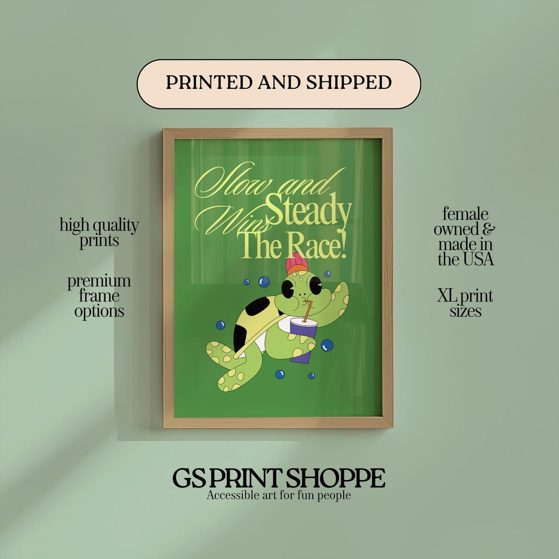 Slow And Steady Wins The Race Cute Turtle Cartoon Quote Poster