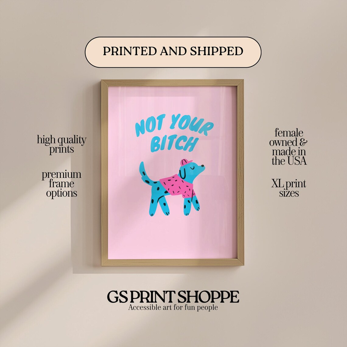 Not Your Bitch Sassy Quote Blue Puppy Pink Pop Art Bedroom Poster