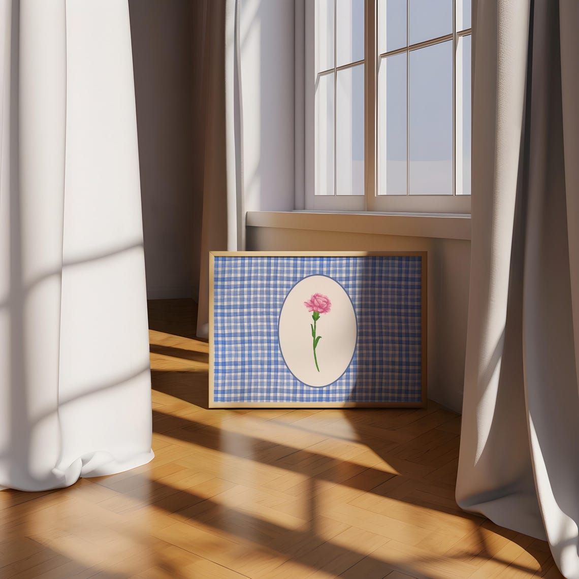Pink Carnation on Blue Gingham Check Retro Botanical Flower Art Print - Image 2