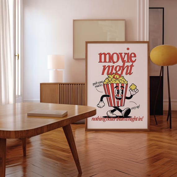 Retro Popcorn Art Print Cute Gift For Movie Lovers Vintage Mascot Night Poster Positive Living Room
