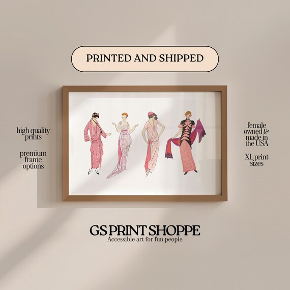 Vintage 1920s Pink Fashion Gowns Elegant Dresses Illustration Art Wall Poster