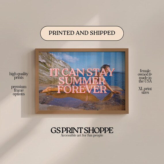 It Can Stay Summer Forever Poster Coastal Photo Retro Pink Typography Beach