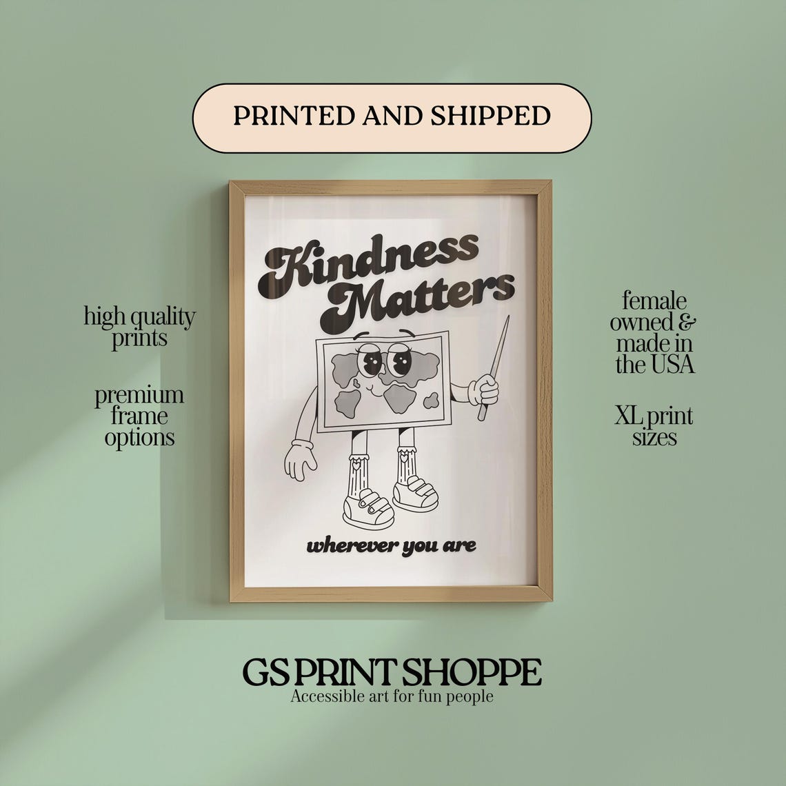 Kindness Matters Monochrome Retro Cartoon Earth Quote Art Print