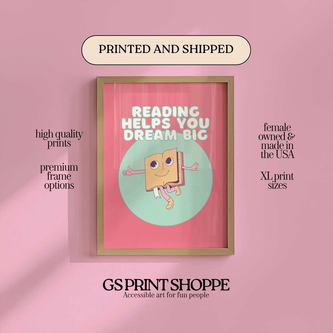 Reading Helps You Dream Big Cute Book Character Kids Room Poster