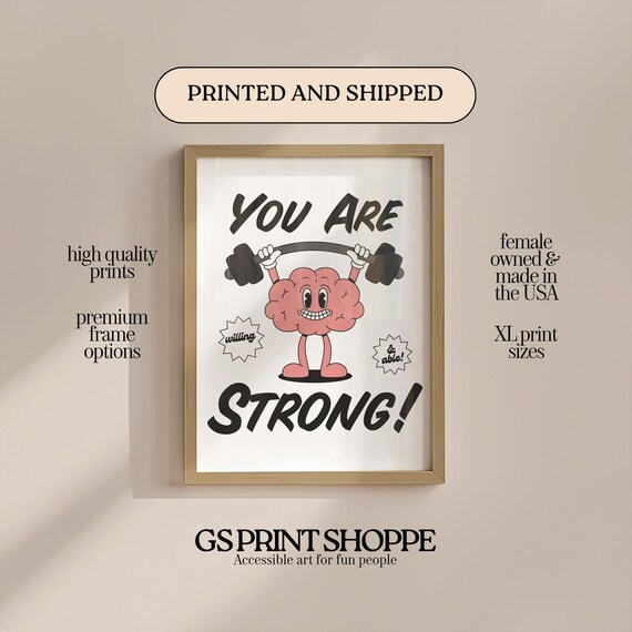 You Are Strong Retro Cartoon Brain Lifting Weights Motivational Poster