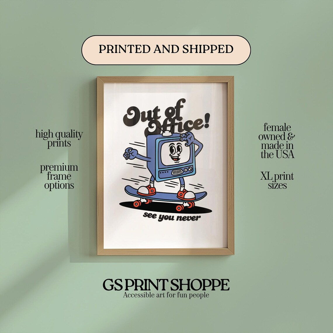 Out Of Office See You Never Retro TV Skateboard Mascot Poster