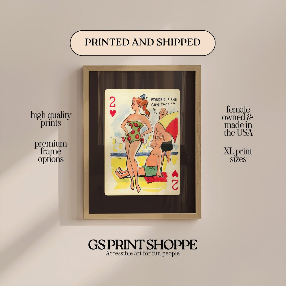 Vintage Pin Up Beach Scene Two of Hearts Playing Card Poster