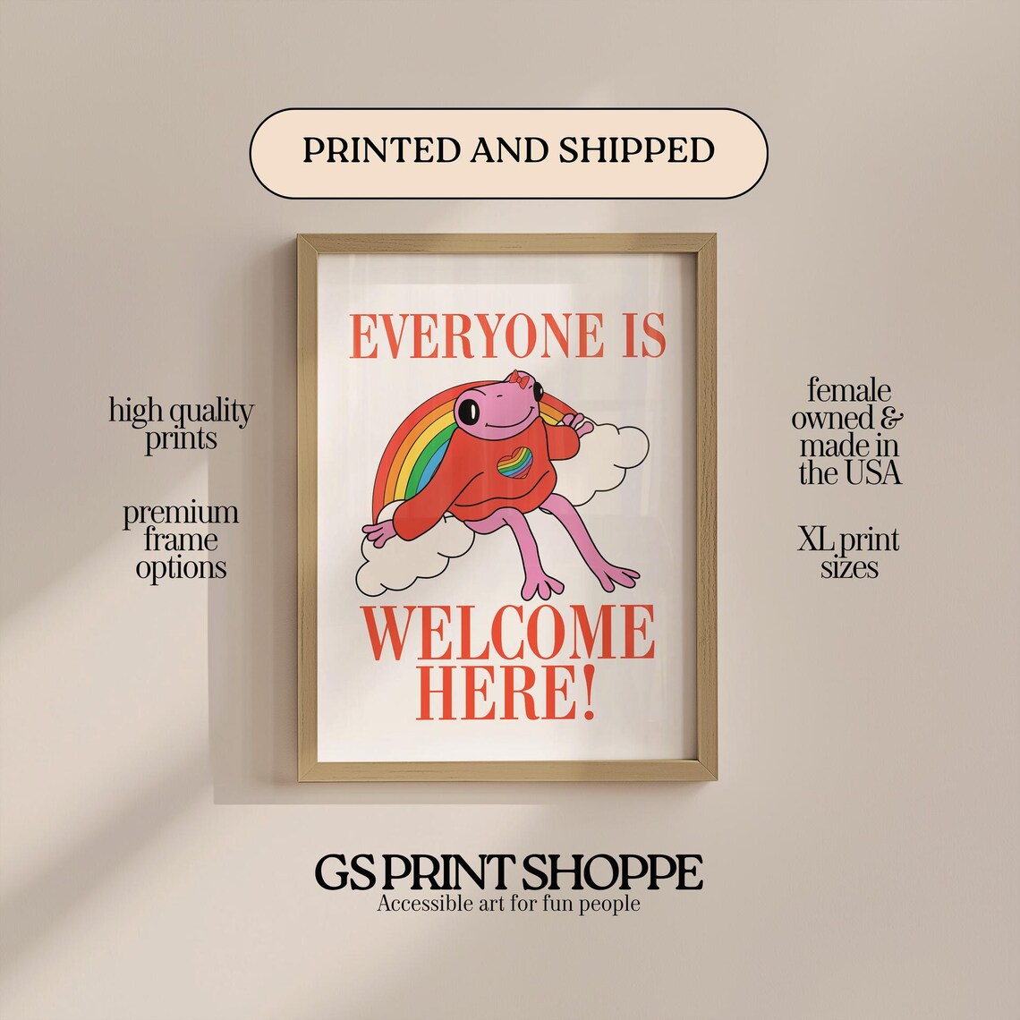 Funny Frog Everyone Is Welcome Here Print with Rainbow Character Artwork