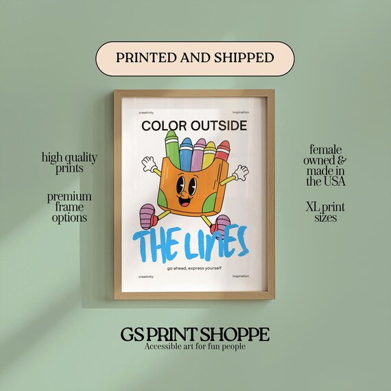 Color Outside The Lines Poster Retro Cartoon Crayon Nursery Quote