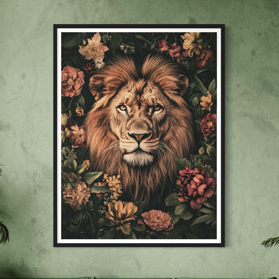 Lion Mane Autumn Flowers Dark Jungle Wildlife Portrait Poster - Image 3