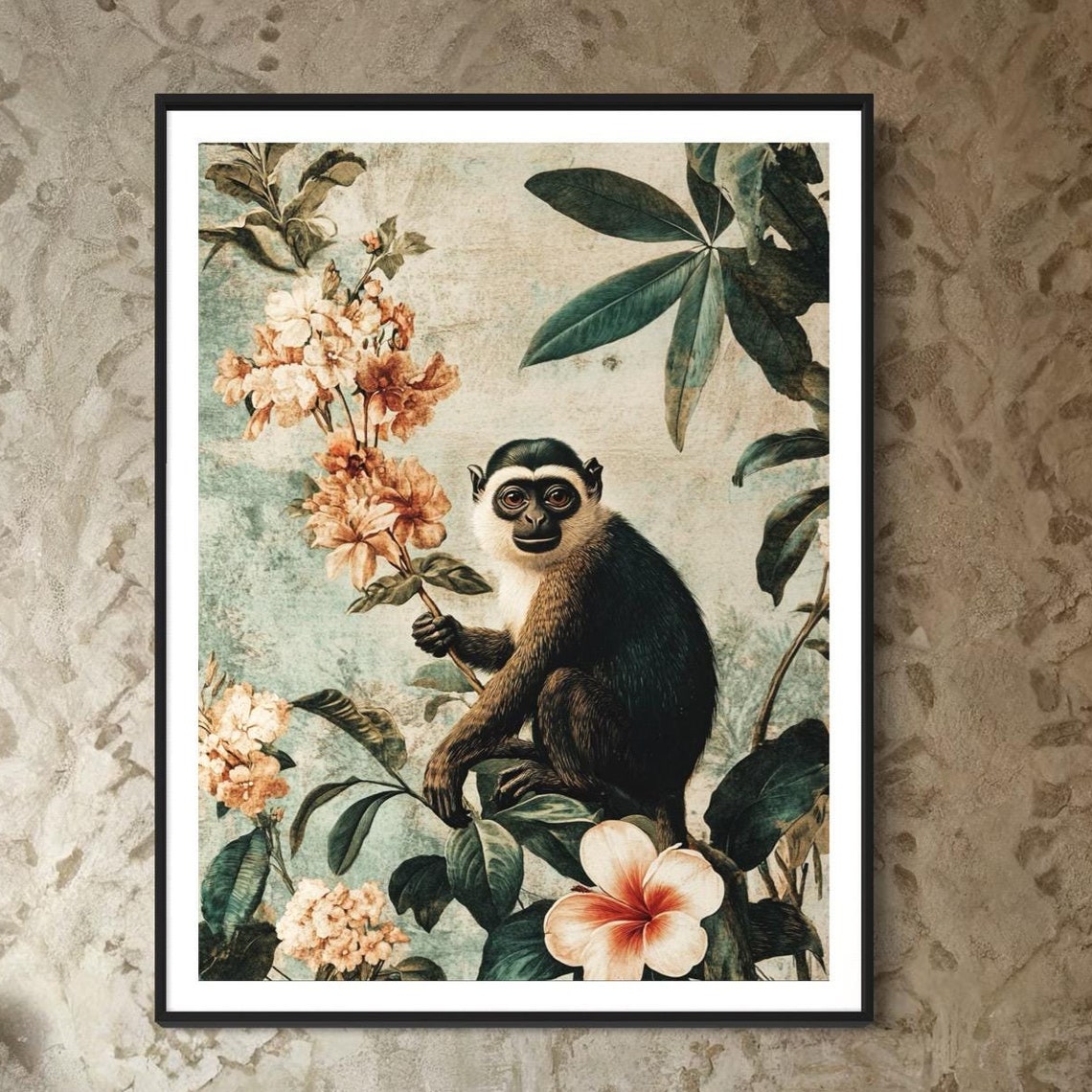 Colobus Monkey Flowering Branch Tropical Leaves Wildlife Poster