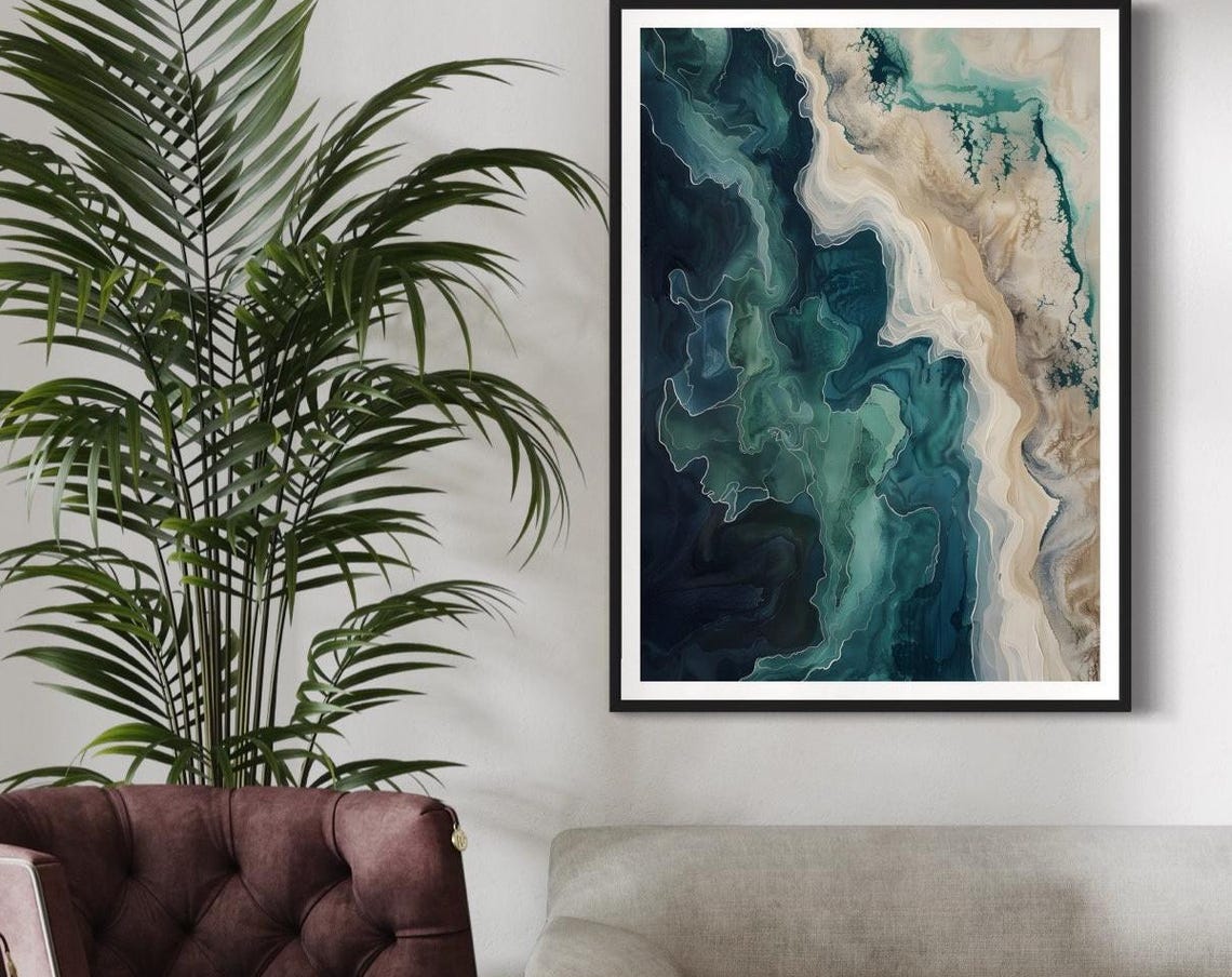 Teal Ocean Shoreline Abstract Sand And Sea Coastal Waves Art Print - Image 4