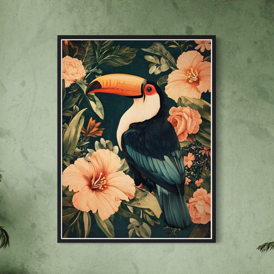 Toucan Tropical Hibiscus Flowers Dark Jungle Vintage Bird Poster - Image 4