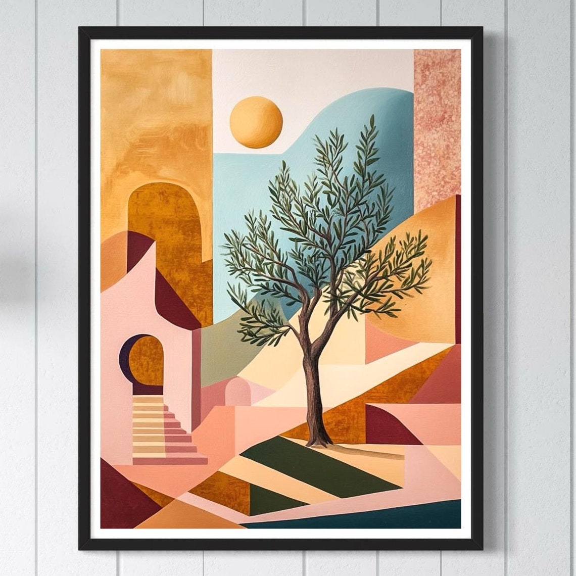 Olive Tree Art Print Modern Minimalist Kitchen Wall Decor Geometric Shapes Abstract Artwork Mediterranean Architecture Painting Gift