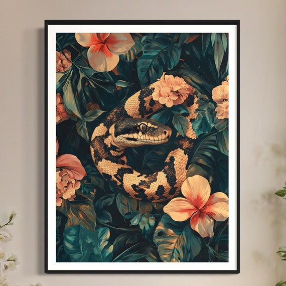 Carpet Python Art Print Snake Painting Jungle Tropical Leaves Artwork Wildlife Decor Vintage Modern Style Exotic Snake Reptile Drawing
