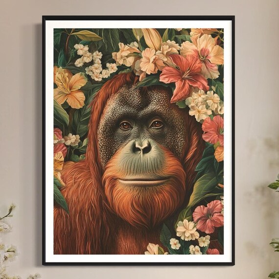 Orangutan Face Red Fur Tropical Flowers Jungle Wildlife Poster