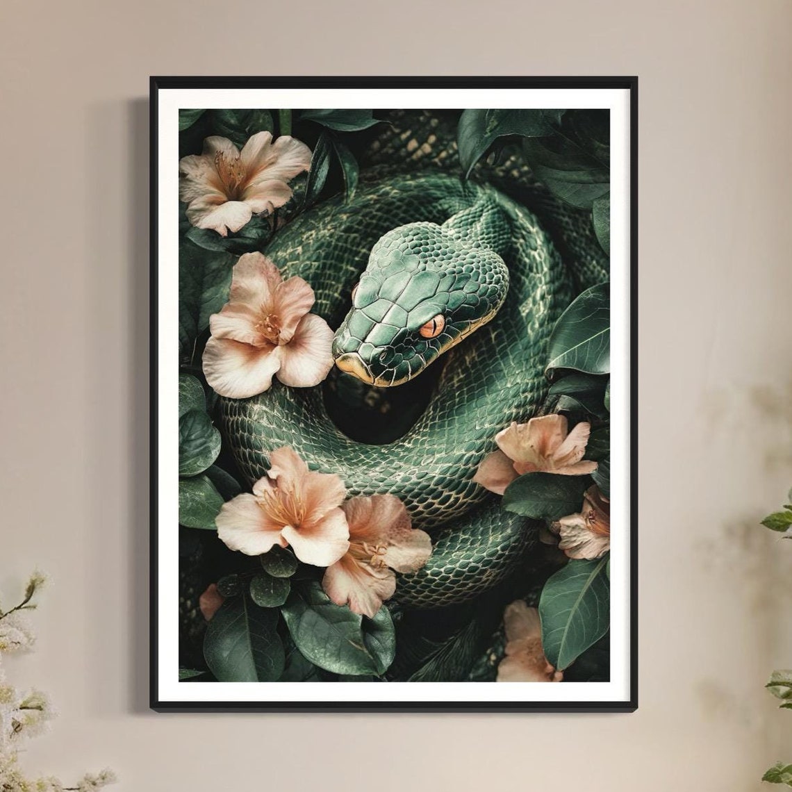 Green Tree Python Art Print Snake Painting Jungle Tropical Leaves Artwork Wildlife Decor Vintage Modern Style Exotic Snake Reptile Drawing - Image 4