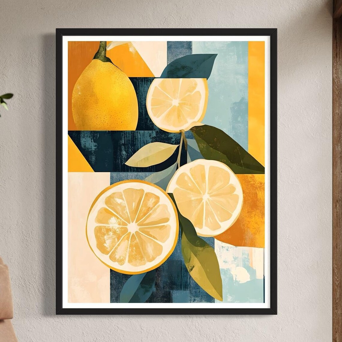 Lemon Slice Art Print Fresh Fruit Painting Modern Kitchen Wall Decor Geometric Shapes Abstract Mediterranean Style Artwork Citrus Poster