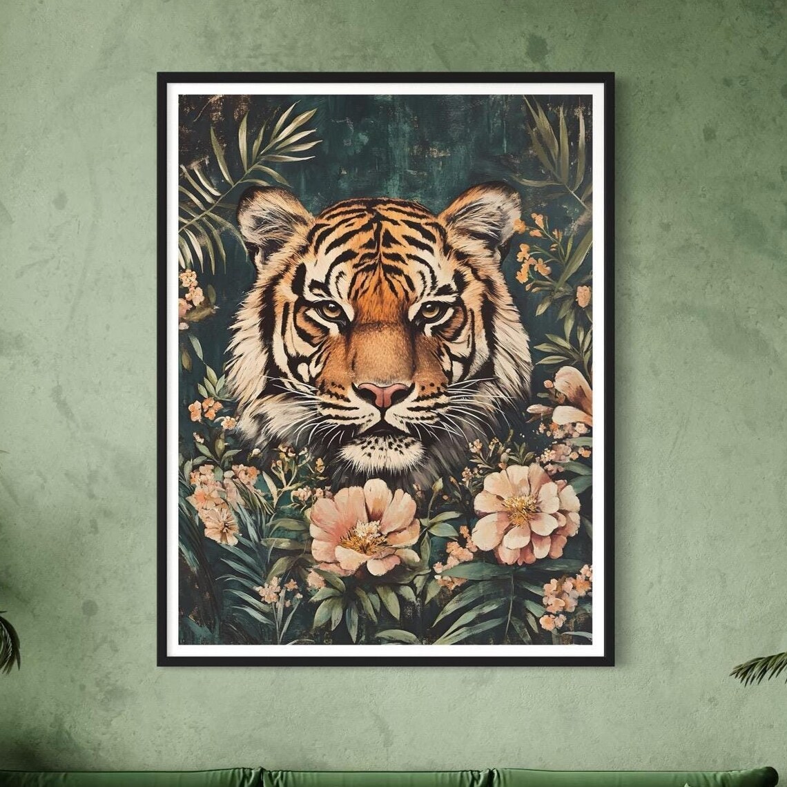 Tiger Face Dark Jungle Floral Vintage Wildlife Portrait Poster - Image 4