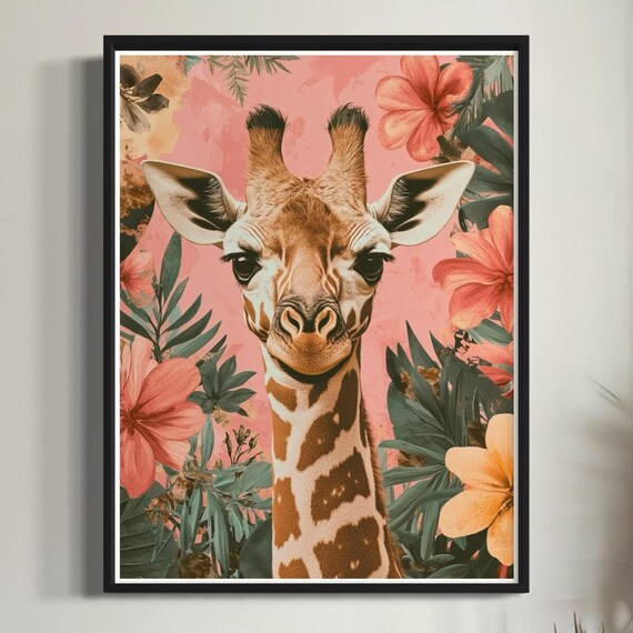 Giraffe Pink Tropical Flower Jungle Safari Cute Nursery Poster