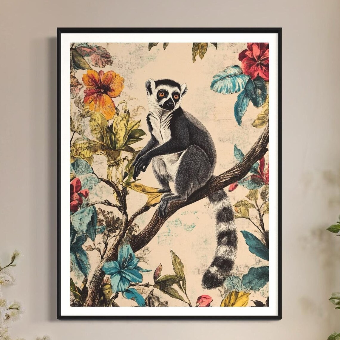Ring Tailed Lemur Madagascar Tropical Flowers Branch Wildlife Poster