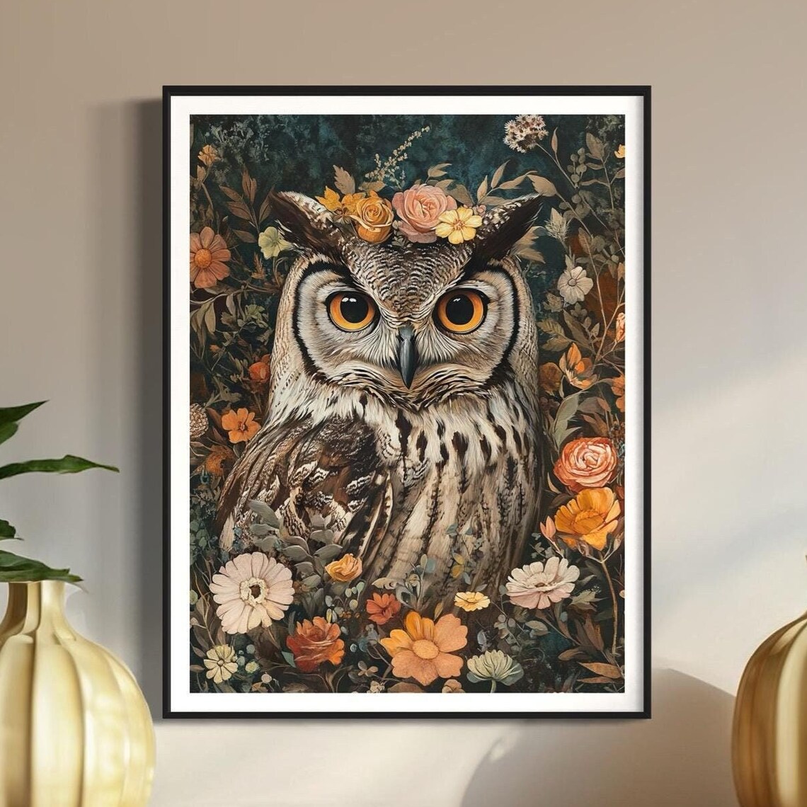 Great Horned Owl Flower Crown Autumn Floral Dark Vintage Poster - Image 4