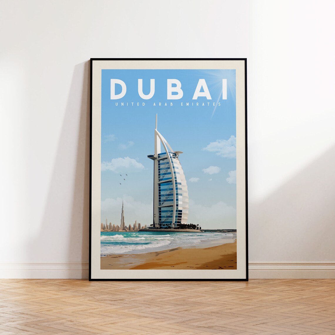 Dubai Vintage Travel Poster, Beach Skyline
