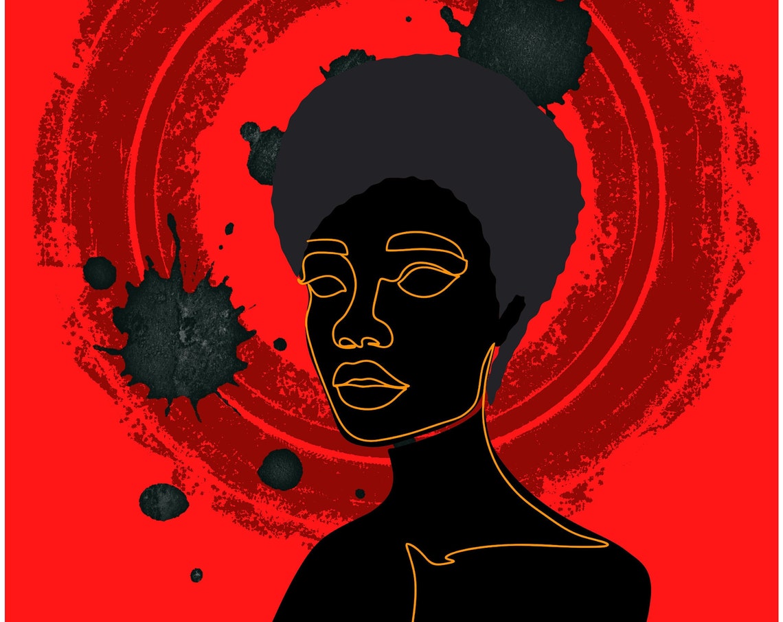 Red Background Black Woman Gold Line Art Paint Splatter Poster - Image 2