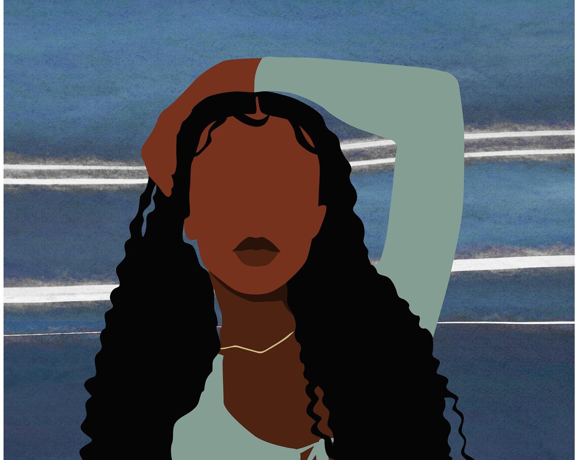Curly Hair Woman Teal Top Blue Background Faceless Art Poster - Image 2