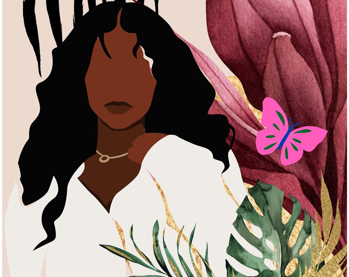 Black Woman Tropical Leaves Pink Butterfly Boho Portrait Poster - Image 2