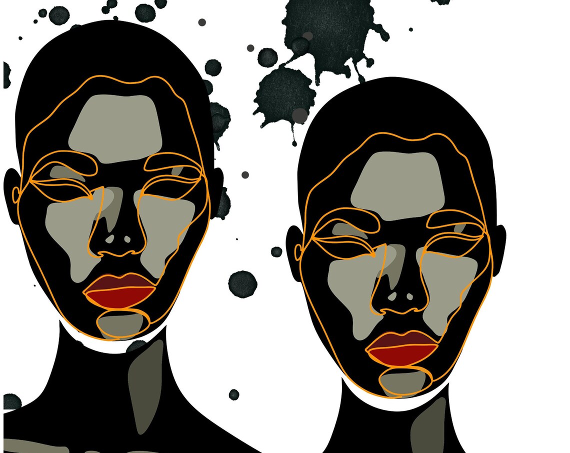 Two Faces Line Art Black Ink Splatter Minimalist Duo Art Poster - Image 3